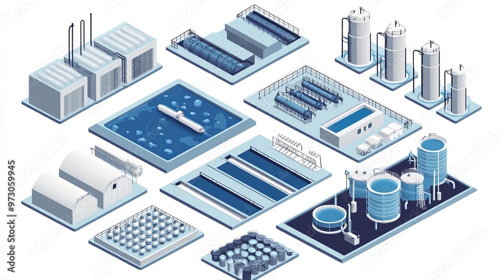 Isometric vector of a treatment plant depicting a water sewage and ...