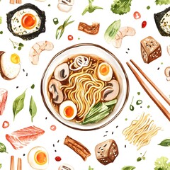 Wall Mural - Watercolor Ramen Noodles Seamless Pattern