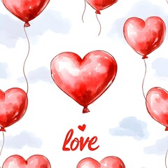 Wall Mural - Watercolor Red Heart Balloons Seamless Pattern