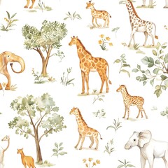 Wall Mural - Cute Watercolor Safari Animals Seamless Pattern