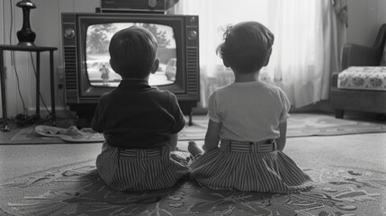 children sitting watching an old TV in the 1950s black and white photo