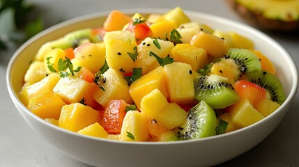 A refreshing bowl of tropical fruit salad featuring pineapple, mango, kiwi, and papaya chunks.