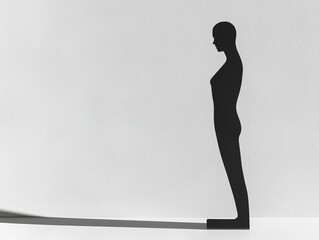 Capture a dramatic, elongated shadow of a person standing tall viewed from below, evoking a Marini statue in black and white sketch