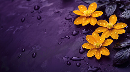 Beautiful elegant yellow color flowers and waterdrops on yellow color background, dark theme, wallpaper design, minimalist design
