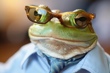 A frog wearing glasses, a collared shirt, and a tie poses with a humorous expression, highlighting its quirky personality in an indoor setting filled with natural light.