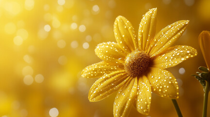 Wall Mural - Beautiful elegant yellow color flowers and waterdrops on yellow color background, dark theme, wallpaper design, minimalist design
