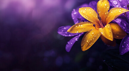 Wall Mural - Beautiful elegant yellow color flowers and waterdrops on yellow color background, dark theme, wallpaper design, minimalist design
