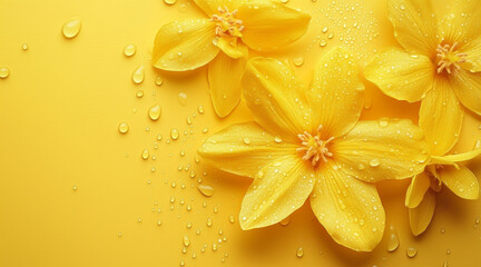 Wall Mural - Beautiful elegant yellow color flowers and waterdrops on yellow color background, dark theme, wallpaper design, minimalist design
