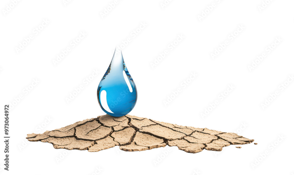 Single blue water droplet rests on cracked earth isolate on transparent ...