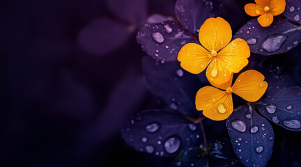 Wall Mural - Beautiful elegant yellow color flowers and waterdrops on yellow color background, dark theme, wallpaper design, minimalist design
