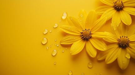 Wall Mural - Beautiful elegant yellow color flowers and waterdrops on yellow color background, dark theme, wallpaper design, minimalist design
