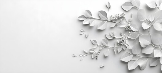 Poster - White 3D Leaves and Berries on White Background