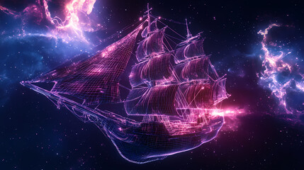 Wall Mural - a futuristic pirate ship sailing through the cosmos constructed of wireframe mesh and advanced techn