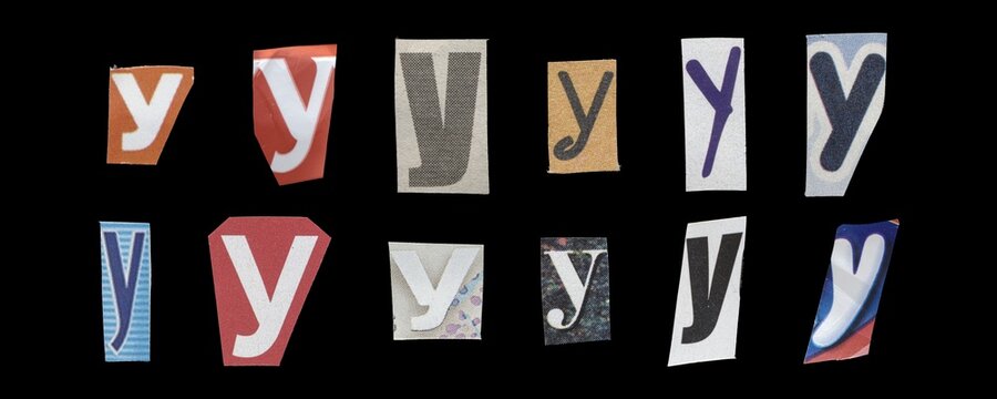 Set of cut-out letter “Y” from magazines on a black background, retro y2k style symbols for collage