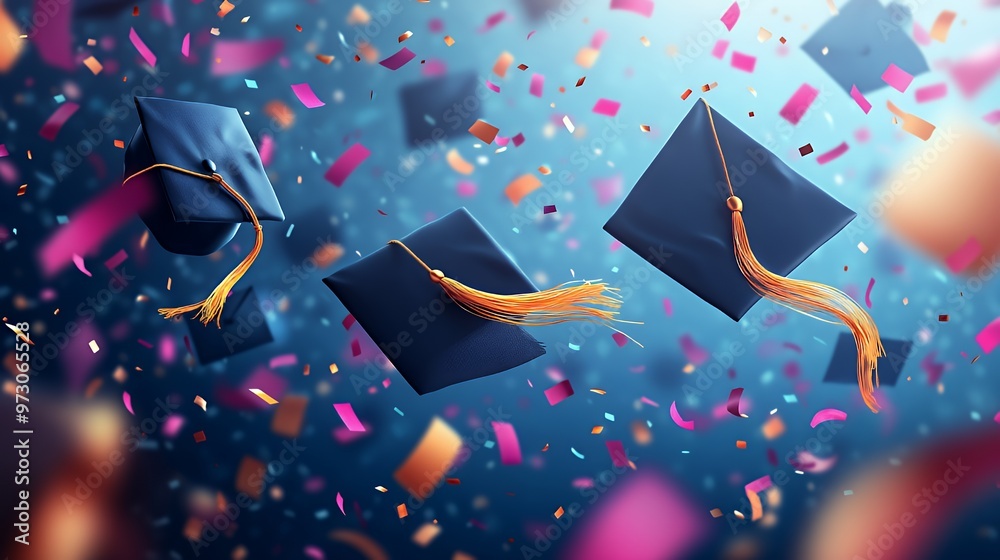 Three blue graduation caps with gold tassels are flying against a blue ...