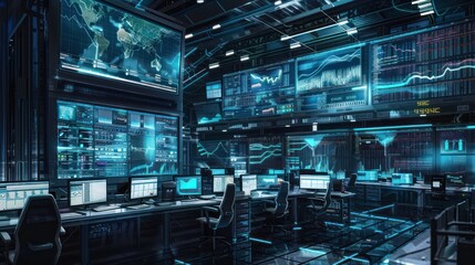 Canvas Print - Futuristic Control Room with Monitors