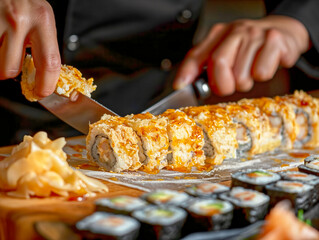 Wall Mural - A chef is cutting a sushi roll with a knife on a wooden cutting board. The sushi roll is covered in a sauce and has a piece of meat on top. Concept of culinary expertise and attention to detail