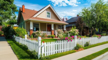 Wall Mural - A charming new house with a traditional design, including a pitched roof, white picket fence,