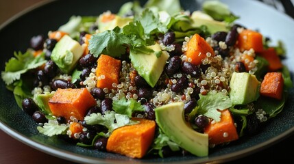 A vibrant salad with quinoa, roasted sweet potatoes, avocado, and black beans, drizzled with a lime vinaigrette.