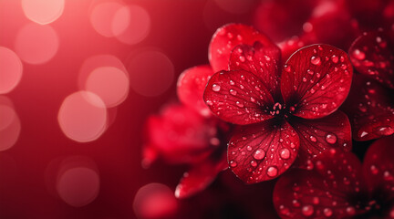 Wall Mural - Beautiful elegant red color flowers and waterdrops on red color background, dark theme, wallpaper design, minimalist design
