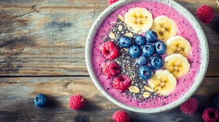 A vibrant smoothie bowl topped with fresh berries, sliced bananas, and chia seeds, placed on a wooden table.