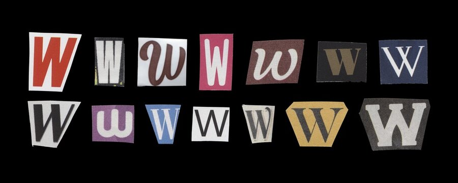 Set of cut-out letter “W” from magazines on a black background, retro y2k style symbols for collage
