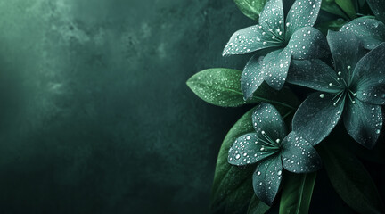 Wall Mural - Beautiful elegant green color flowers and waterdrops on green color background, dark theme, wallpaper design, minimalist design
