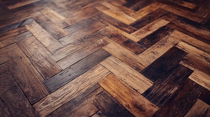 A close-up of a vintage wooden floor with detailed grain patterns, showing the beauty