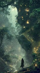 Wall Mural - A lone figure stands at the entrance of a mystical forest, illuminated by glowing lights and surrounded by lush greenery.