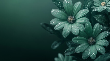 Wall Mural - Beautiful elegant green color flowers and waterdrops on green color background, dark theme, wallpaper design, minimalist design

