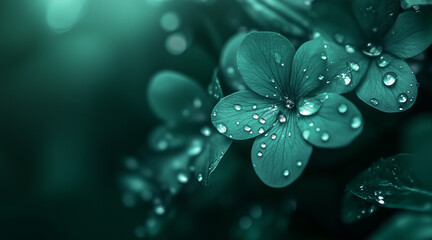 Wall Mural - Beautiful elegant green color flowers and waterdrops on green color background, dark theme, wallpaper design, minimalist design
