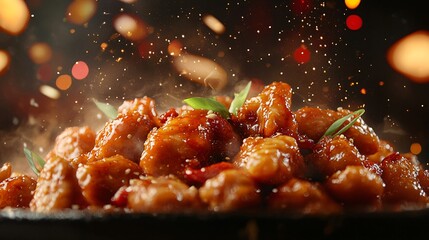 Steaming hot and spicy general chicken with sesame seeds falling