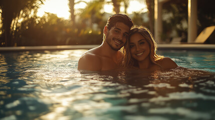 Wall Mural - a couple , boyfriend and girlfriend, lovers are dating and hang out in the pool during the vacation to the beach resort ,