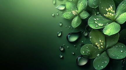 Wall Mural - Beautiful elegant green color flowers and waterdrops on green color background, dark theme, wallpaper design, minimalist design
