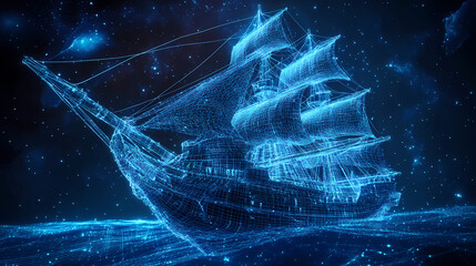Wall Mural - a futuristic pirate ship sailing through the cosmos constructed of wireframe mesh and advanced techn