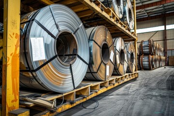 Poster - Coils of steel are meticulously arranged on wooden pallets within a spacious warehouse, highlighting an organized environment for industrial materials.