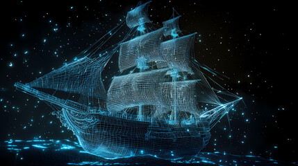 Wall Mural - a futuristic pirate ship sailing through the cosmos constructed of wireframe mesh and advanced techn