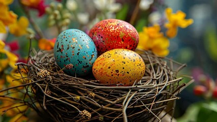 Wall Mural - Colorful Easter display featuring decorated eggs at a spring festival in a lively community setting