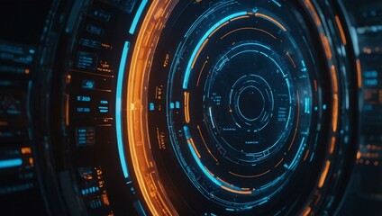 Poster - futuristic circular interface with glowing blue and orange hues.