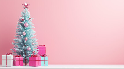 christmas tree with gift boxes on pink background