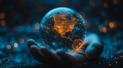 Poster - a hand is holding a globe with a blue background. the globe is illuminated with lights, giving it a 