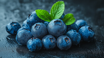 Wall Mural - A bunch of blueberries with green leaves on top. The blueberries are fresh and shiny. Concept of freshness and natural beauty