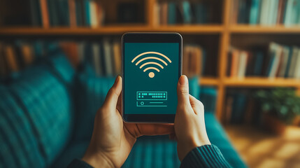 Poster - A person is holding a tablet with a wifi symbol on it. The tablet is being held in front of a couch with a large number of books on it. Scene is relaxed and comfortable