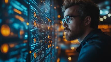 Poster - A man with glasses is looking at a computer screen with a lot of numbers and symbols. Concept of focus and concentration as the man studies the data on the screen