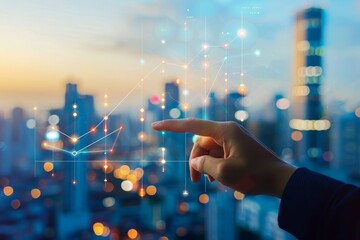 Poster - A professional points at floating digital graphs and data visualizations while standing against a vibrant city skyline during sunset, embodying innovation and technology.