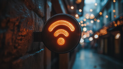 Poster - A sign with a wifi symbol on it is lit up. The sign is on a brick wall