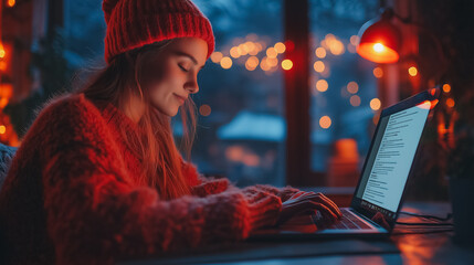 Wall Mural - A woman in a red sweater is typing on a laptop computer. The scene is set in a cozy, warm environment, with the woman wearing a red hat and a smile on her face