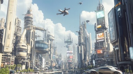 Poster - A futuristic cityscape with advanced technology integrated into everyday life. Sleek flying cars