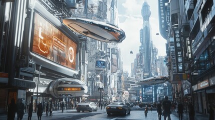 Poster - A futuristic cityscape with advanced technology integrated into everyday life. Sleek flying cars