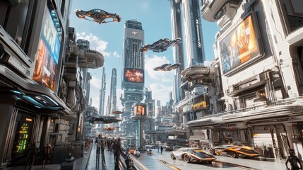 Poster - A futuristic cityscape with advanced technology integrated into everyday life. Sleek flying cars